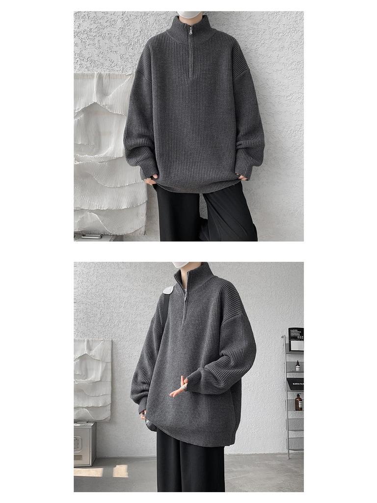 Men's Plus Size Casual Loose Knit Half-Zip High-Neck Pullover Sweater for Autumn and Winter