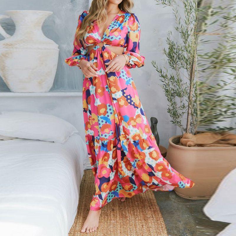 

2024 Temperament Casual Hollow out Print Dress Print Dress Pink Print 3XL
