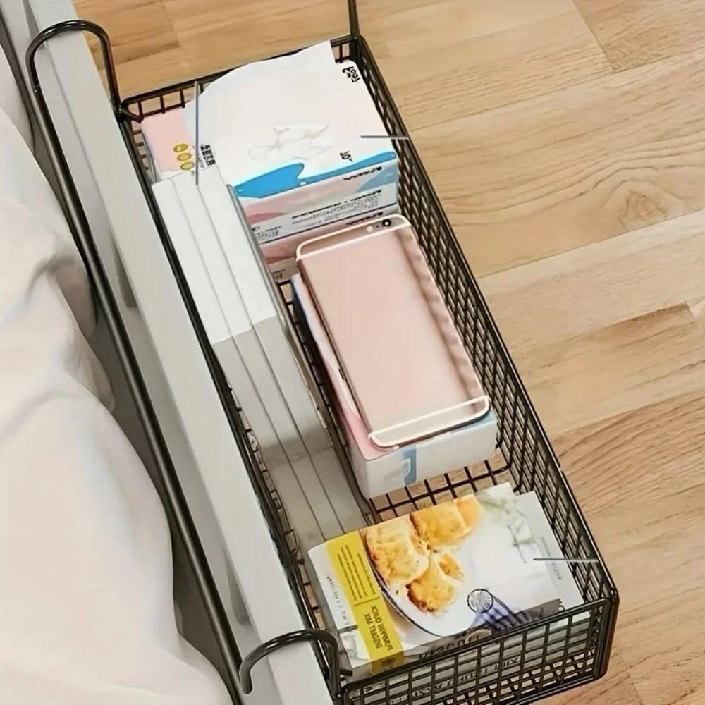 Iron Bedside Storage Basket No Drilling Space-saving Hanging Wire Basket Large Capacity Bed Bedside Shelf Holder Baby Bed Rails