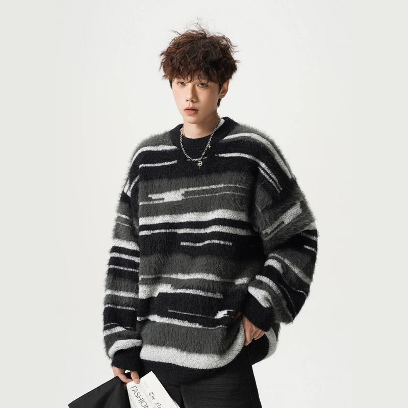 Loose Fit Striped Crew Neck Long Sleeve Couple Sweater For Men Women