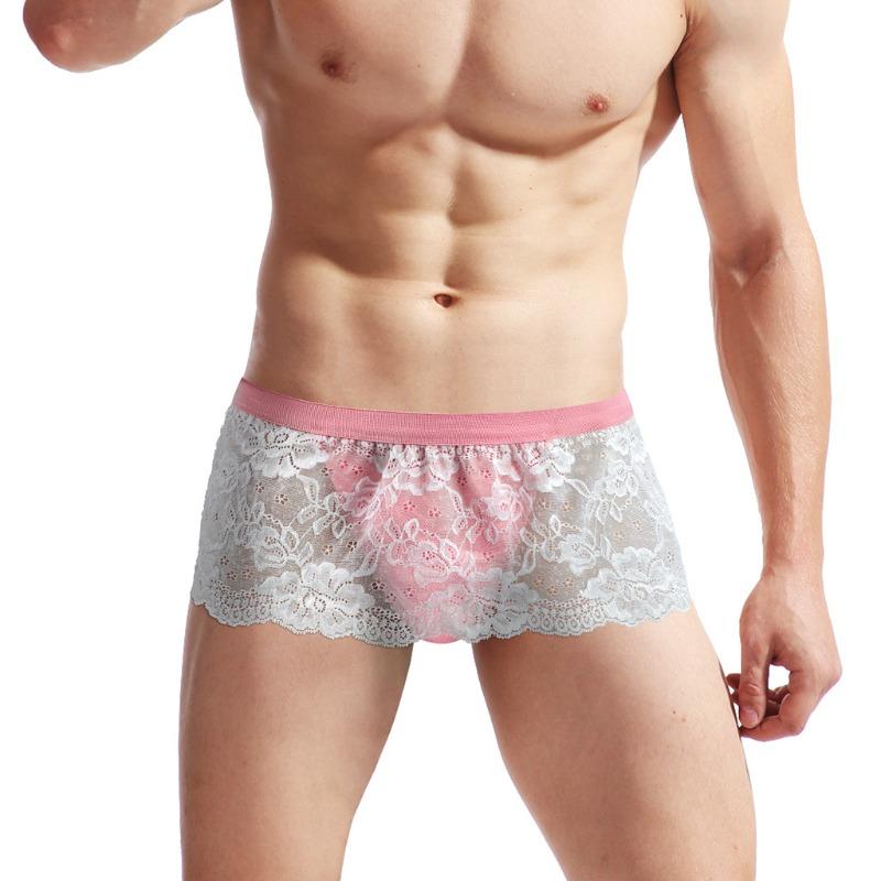 Men Crossdressing Sissy Lace Lingerie Skirted Panties Low Waist Mesh Sheer G-String Frilly Ruffle Hem Briefs Bikini Underwear