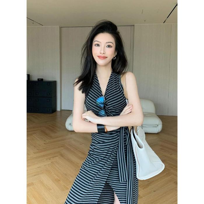 Large size design striped dress women s summer popular single item new long dress stylish skirt S
