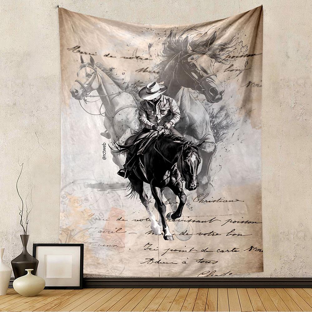 Cowboy Riding Horse Tapestry Wall Hanging, Retro Western Vintage Poster Art, Wild West Wall Decor for Bedroom Living Room Dorm