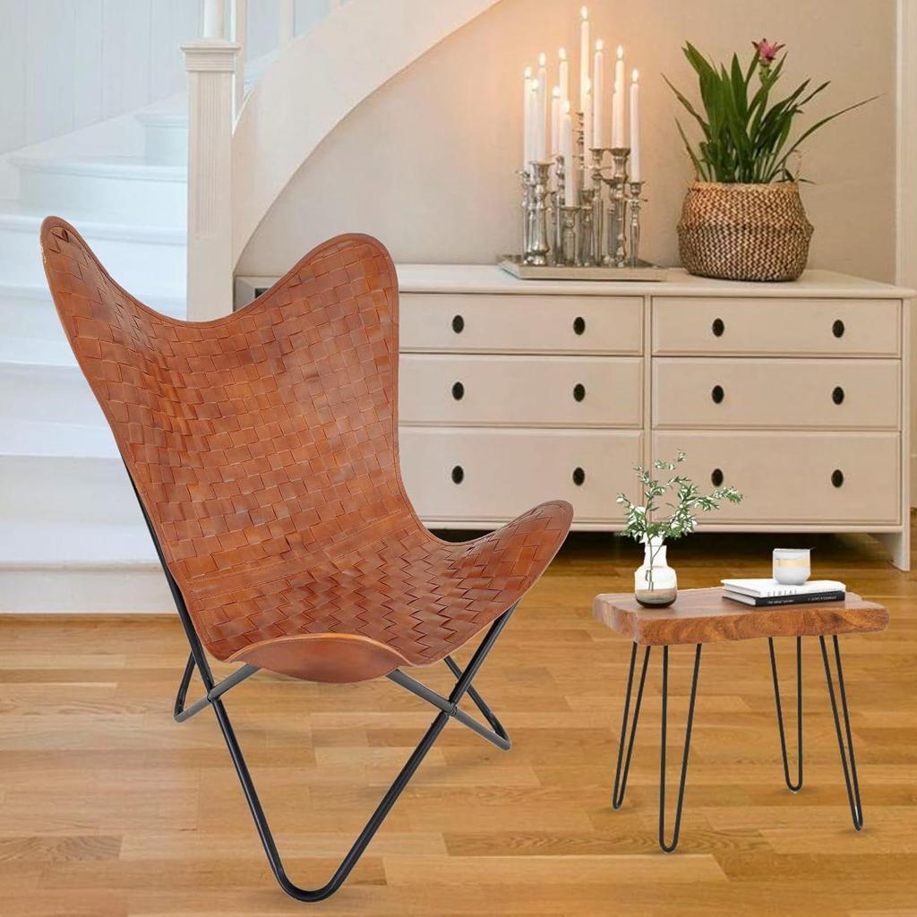 Leather Living Room Chairs-Leather Butterfly Chair-Hand Weaved Tan Brown Leather Butterfly Chair-Handmade with Black Powder Coated Folding Iron Frame.