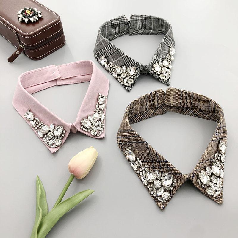 Retro Rhinestone False Collar Neckline Women Lapel Fake Collar Woman Embroidery Removable Detachable Tie Clothing Accessories