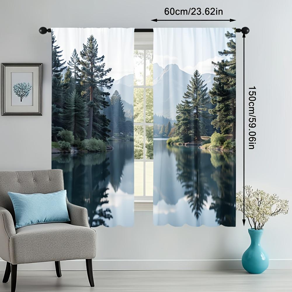 2pcs Forest & Lake Landscape Printed Blackout Curtains - Contemporary Polyester Knit   Easy Machine Wash   No Rod Needed   Quick