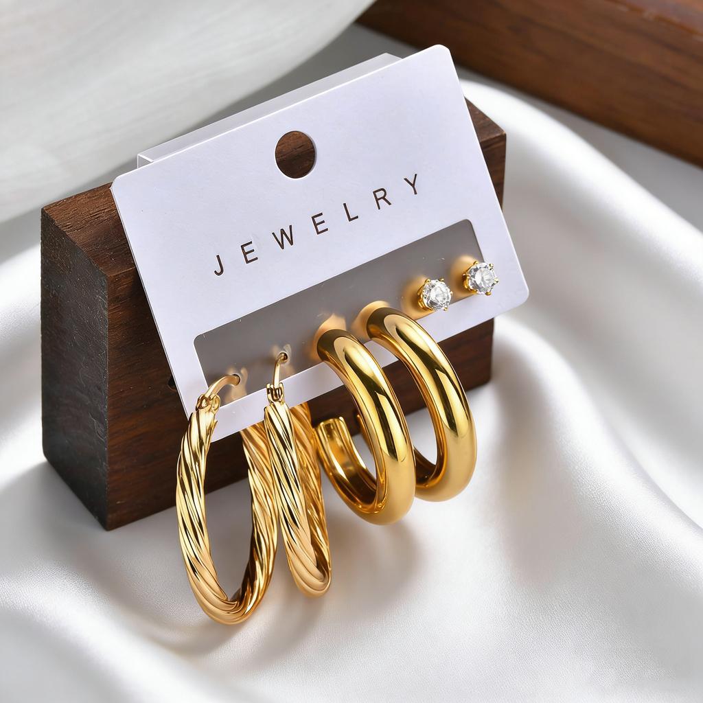 3pcs Set Stainless Steel Twists Texture Large Hoop Earrings for Women, Gold Plated Cubic Zircon Stud Earrings, Fashion Jewelry