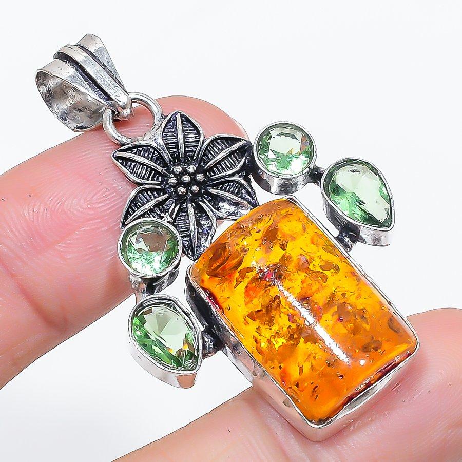 Natural Baltic Amber, Tsavorite 925 Sterling Silver Jewelry Pendant 2.01" N0U80