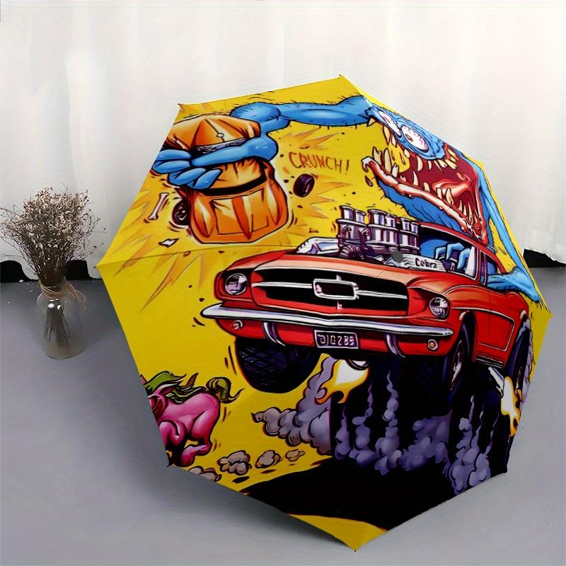 Theme Yellow Rat Fink Mighty Mustang Automatic Open/CloseUmbrella CuteUmbrella with Cute Design, Portable 3 Fold Compact Umbrella for Men & Women
