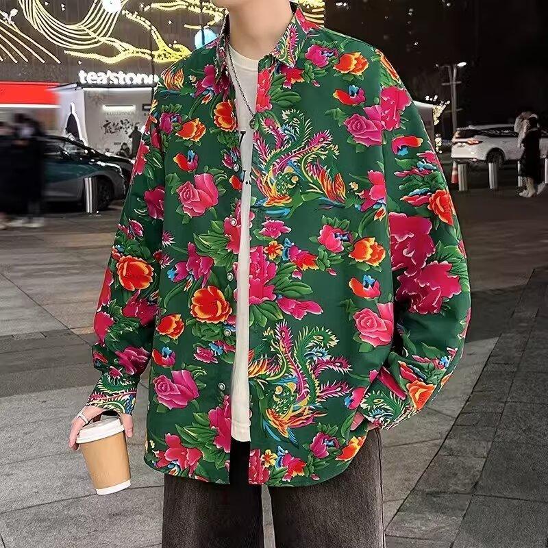 

2024 Весна и осень рубашка с длинным рукавом японский стиль Гонконг Ins свободная рубашка мужская летняя модная универсальная повседневная куртка 3XL зелёный