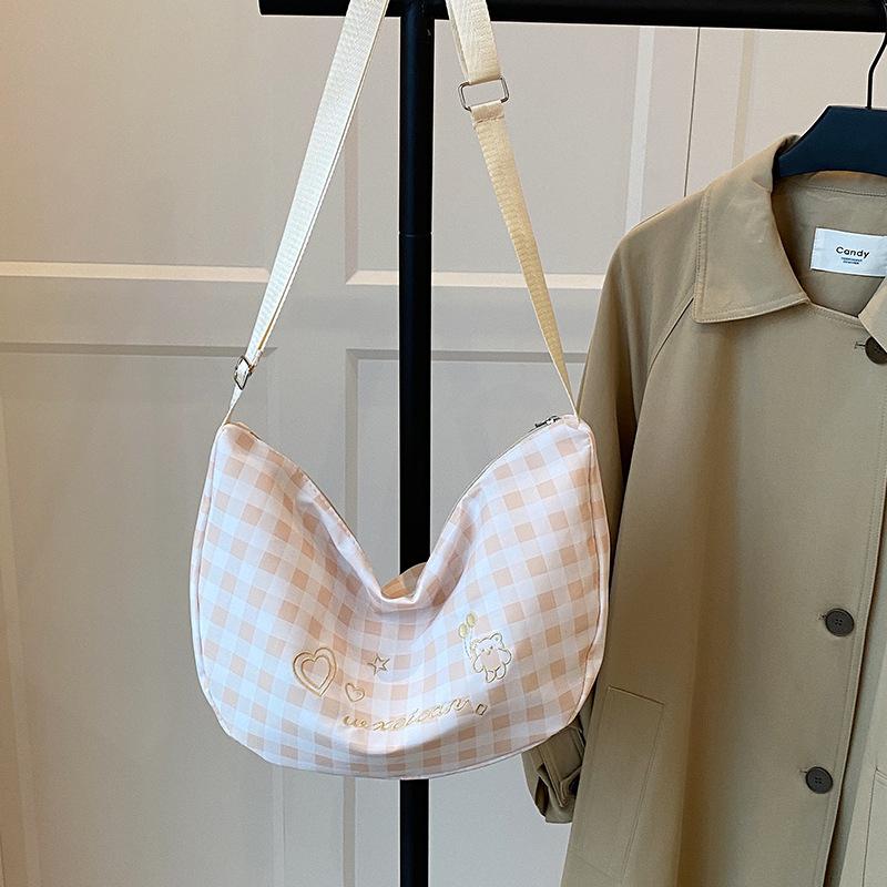 Клетчатая холщовая сумка для женщин, Маленькая и свежая вышитая универсальная сумка через плечо, Вместительные сумки для commuting через плечо бежевый
