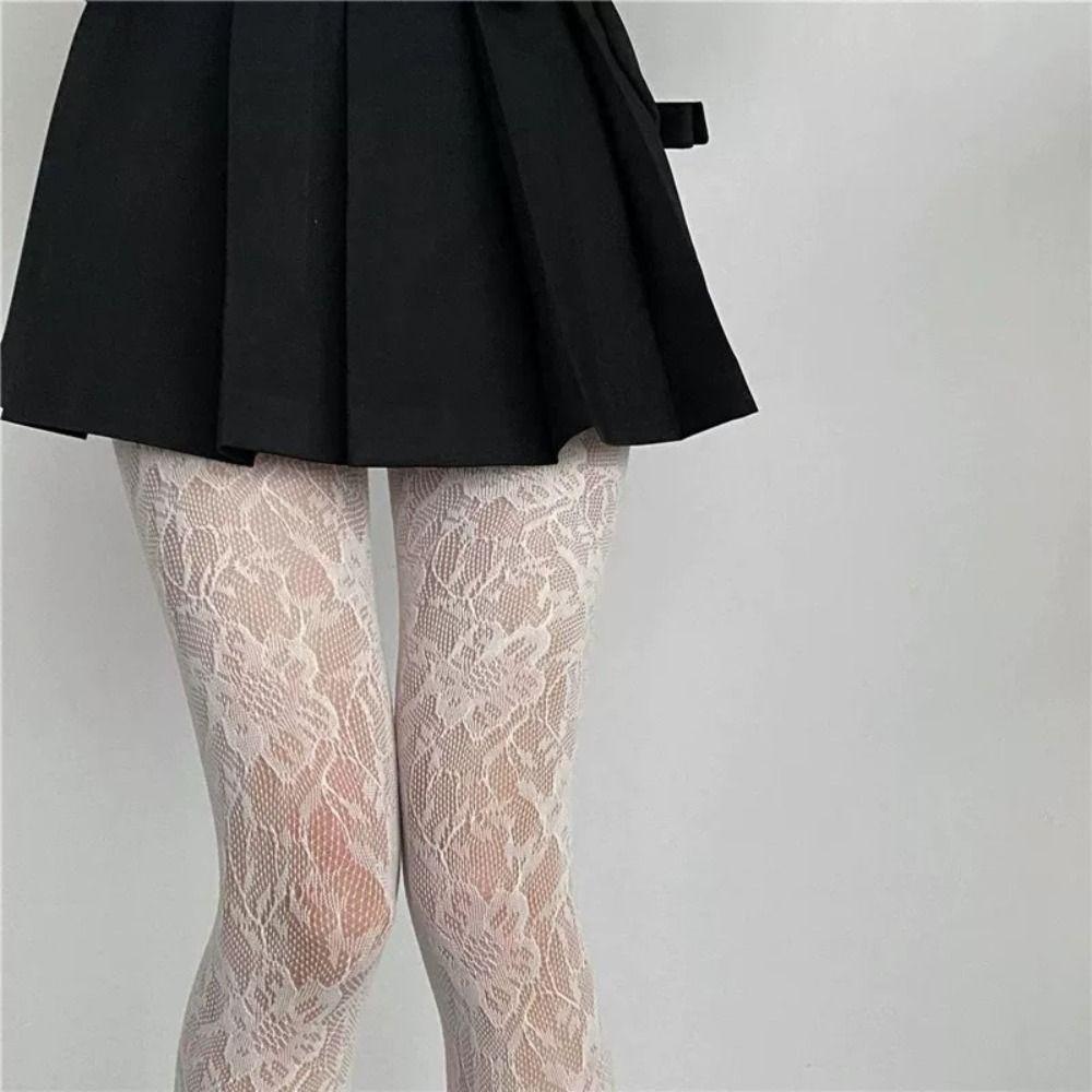 Sweet Floral Print Silk Stockings Sheer Material Thin Texture Pantyhose Jacquard Lace Fishnet Long Socks JK Fashion