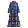 Vintage Print O-Neck Patchwork Maxi Dress Women Fashion Lantern Sleeves Loose Long Dresses Lady Casual Vacation Streetwear