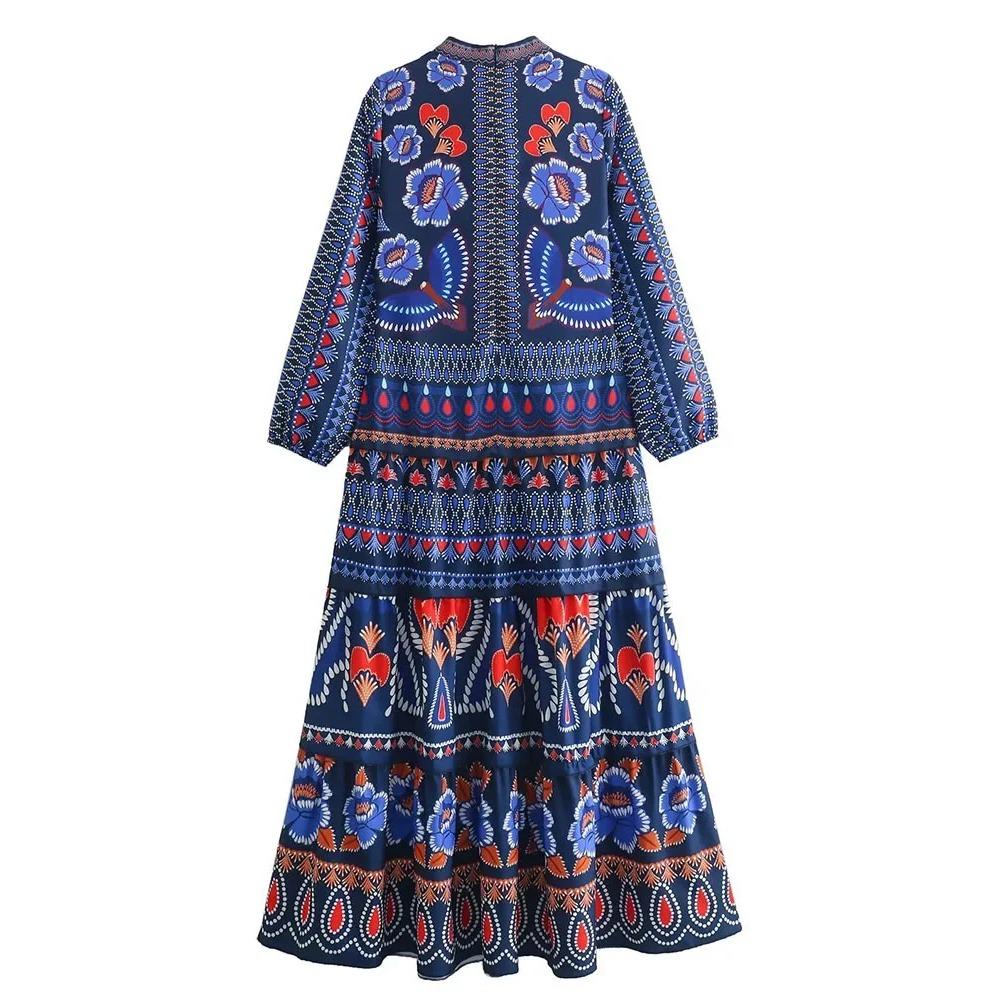Vintage Print O-Neck Patchwork Maxi Dress Women Fashion Lantern Sleeves Loose Long Dresses Lady Casual Vacation Streetwear