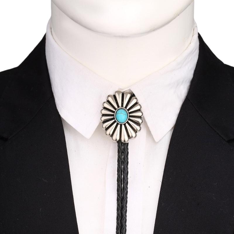 Mens Bolo Tie Necktie Vintage Leather Braided Rope Necklace with Metal Wolf Head Stone Pendant Jewelry Cowboy Necktie