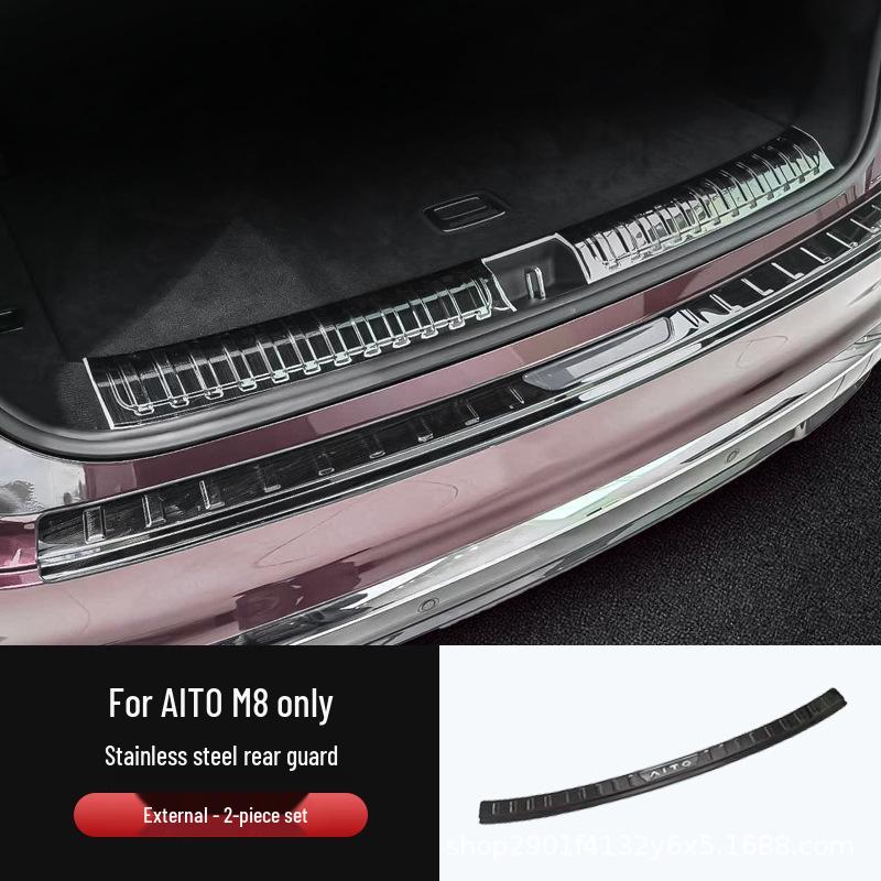 AITO M8 Rear Bumper Cover: Carbon Fiber Texture/Stainless Steel Tailgate Sill Plate - Dirt & Scratch Resistant.