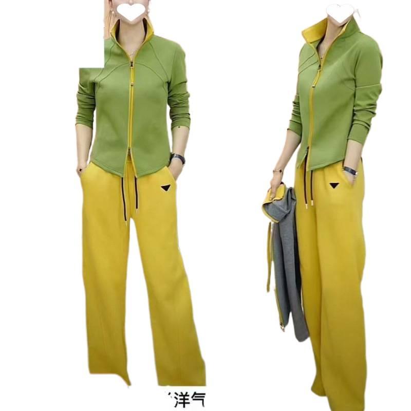Spring Fashionable Casual Sports Suit, Western-style Stand-up Collar, Long-sleeved Top, Straight-leg Trousers Two-piece Set