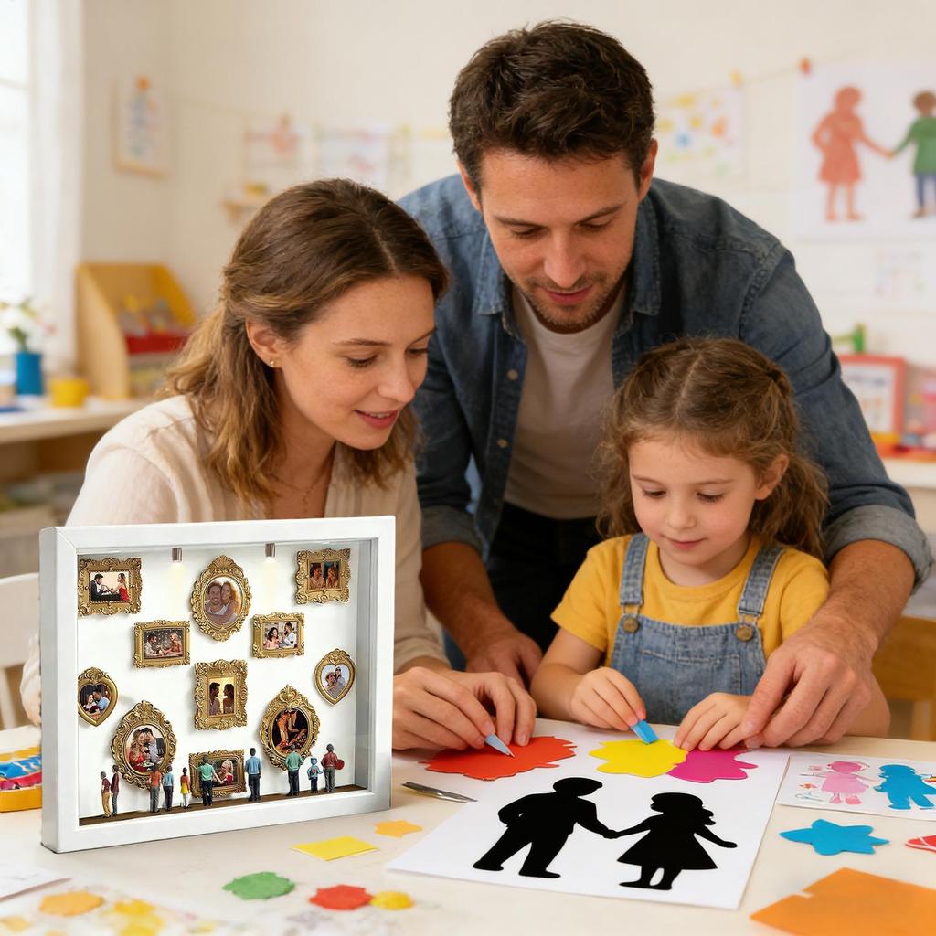 Home Ornaments Silhouette Box Memory Photo Display Case with LED Light 11 Pieces Miniature Desk Picture Frame with 8 Figurines