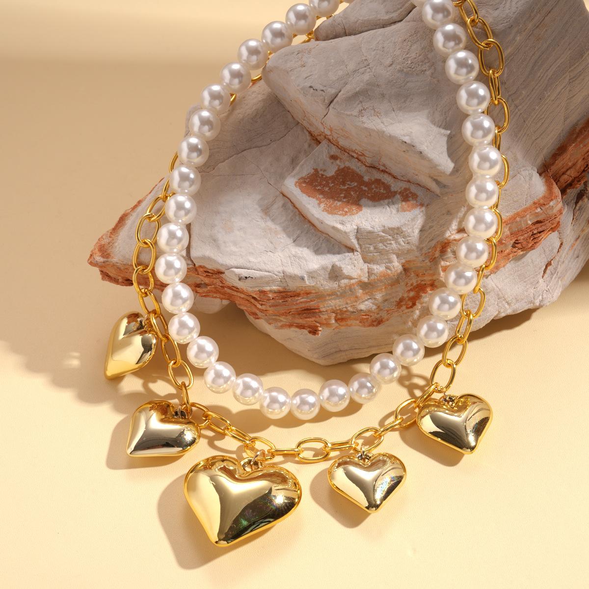 Two-piece set of imitation pearl beaded love pendant sweater chain temperament niche necklace