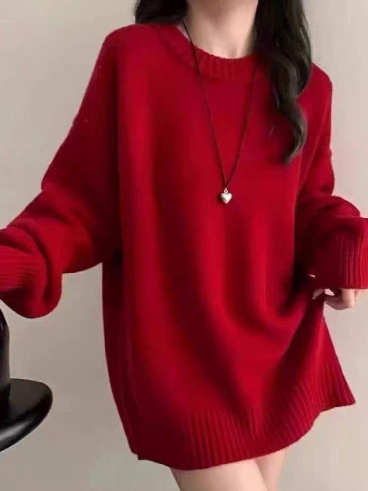 Women's European-Style Heavy-Weight Pure Wool Pullover Sweater, Round Neck, Thick, Loose, Mid-Length, Slimming, Knitted Base Layer