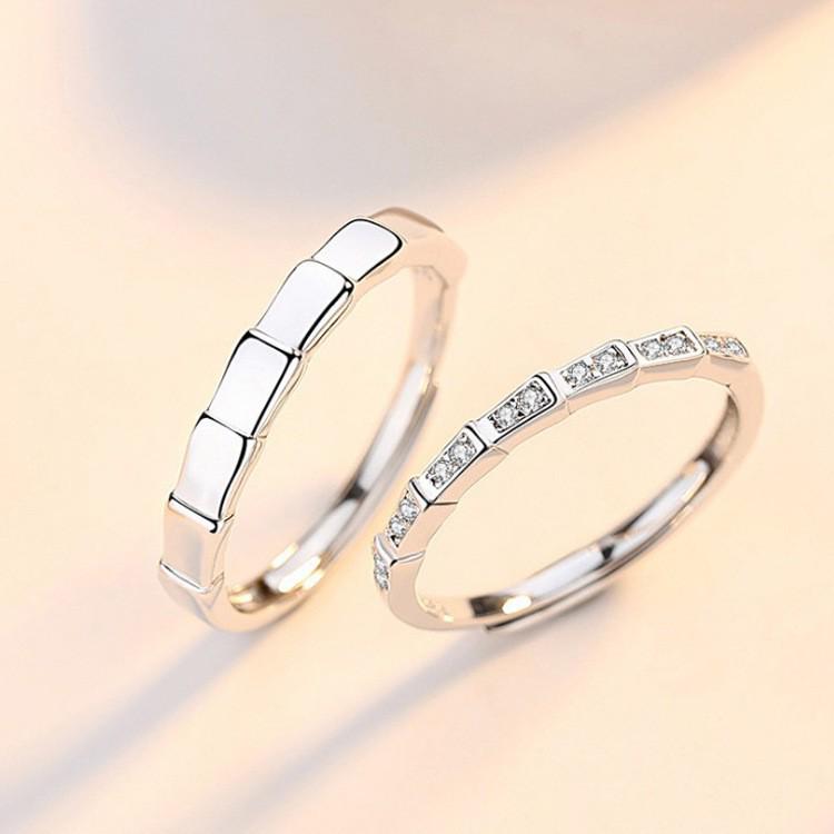 Copper Zirconium Bamboo Inlaid Ring Set - Fashionable, Simple, Light Luxury Sweetheart Couple Rings.