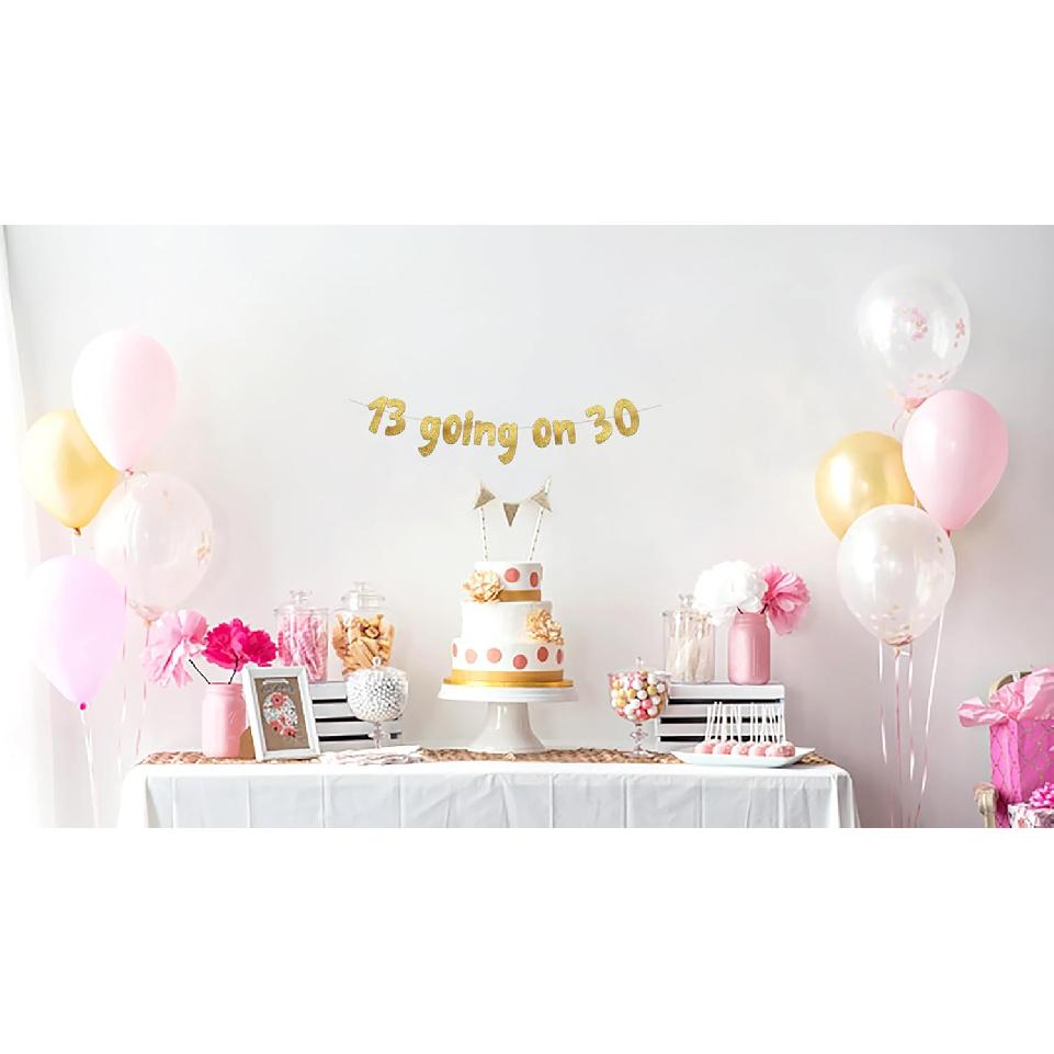 13 Going On 30 Gold Glitter Banner - 13th and 30th Birthday Party Decorations, Favors and Supplies