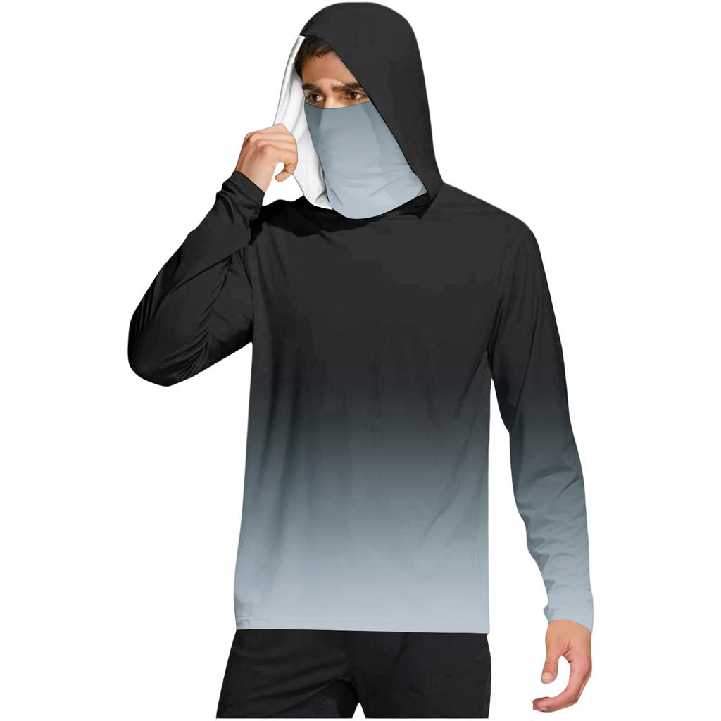 Men’s Casual Gradient Print Hooded Long Sleeve Sun Top Lightweight Pullover Loose Fit Outdoor Shirt