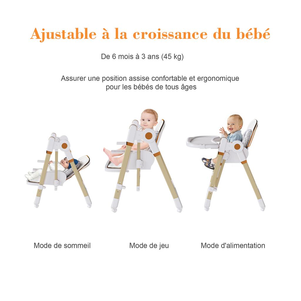 Silla Alta para Bebé 2 en 1 con Función Mecedora, Arnés de Seguridad de 5 Puntos, Ruedas con Bloqueo, Bandeja Extraíble, Plegable y Ajustable en Altura, Blanco