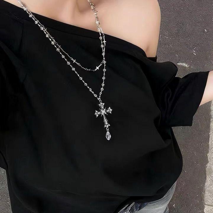 Stylish Retro Gothic Double Layer Beaded Cross Necklace, Sweet Cool Hot Girl Stackable Clavicle Choker
