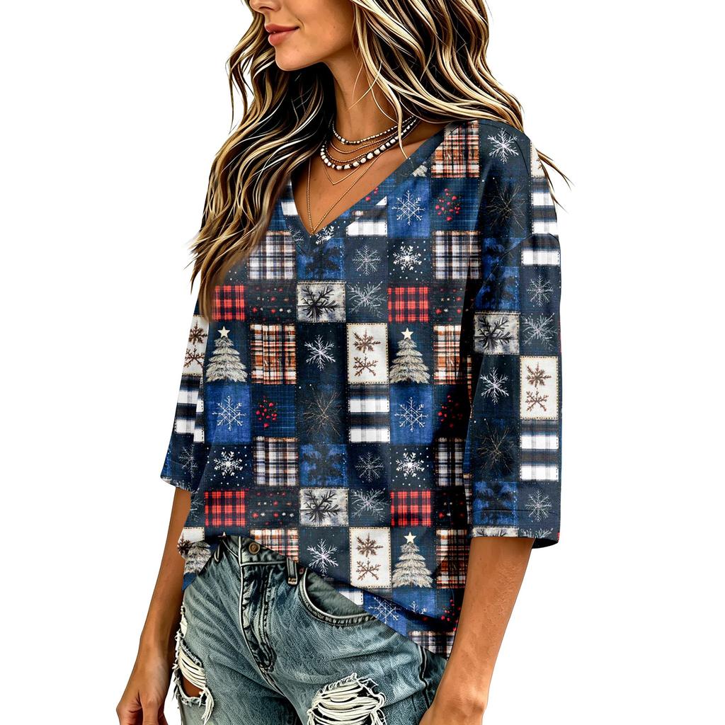 Women's Casual Christmas Print V-Neck Three-Quarter Sleeve Blouse for Holiday Party
