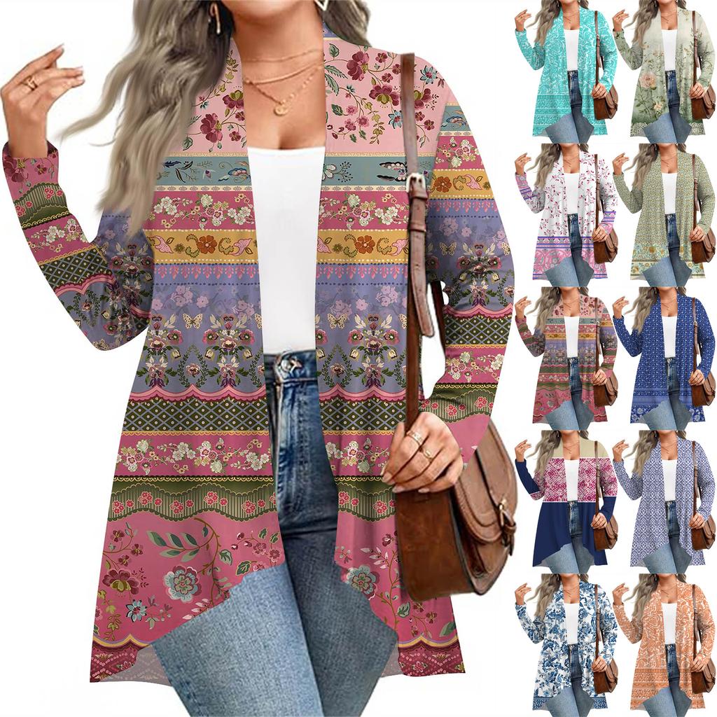 Women's Fall And Winter Fashion Casual Print Long Sleeve Mid-Length Cardigan Jacket