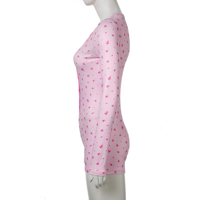 European and American Spring/summer Casual Floral Round Neck Breasted Long Sleeved Sexy Slim Fit Jumpsuit