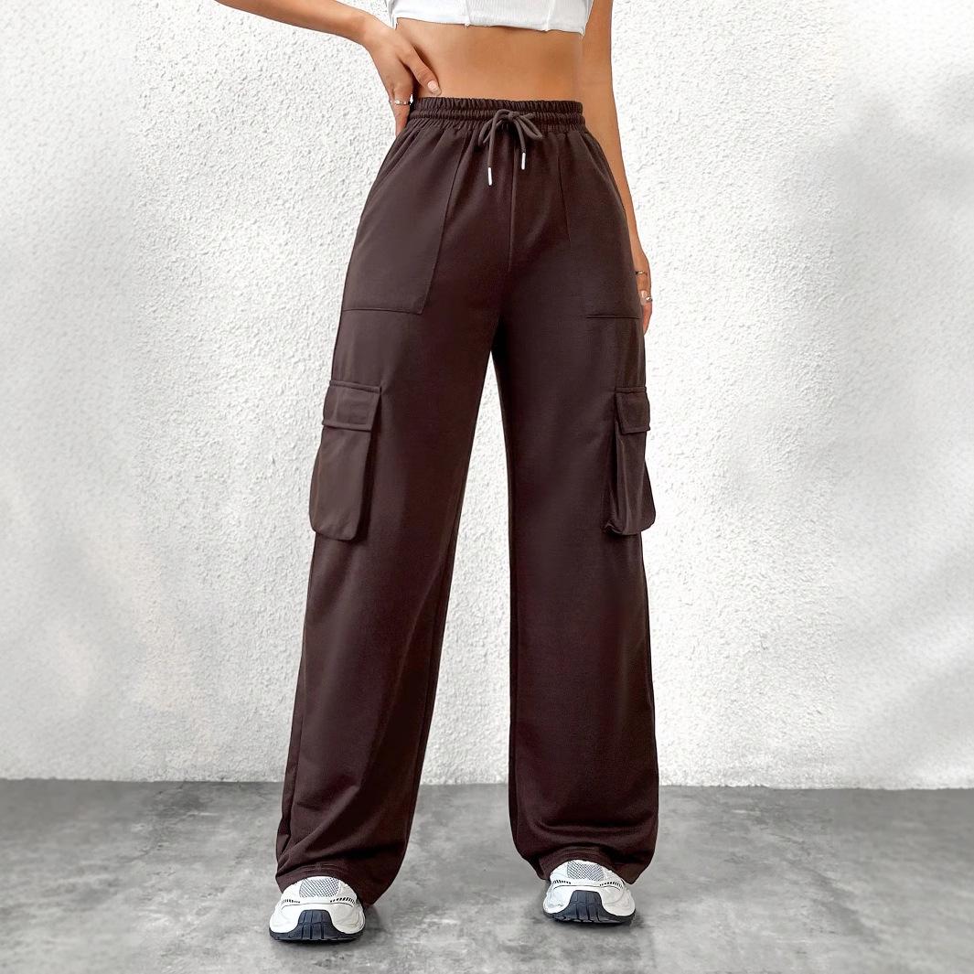 

Women s European & American INS Solid Color Drawstring Cargo Pants Large коричневий
