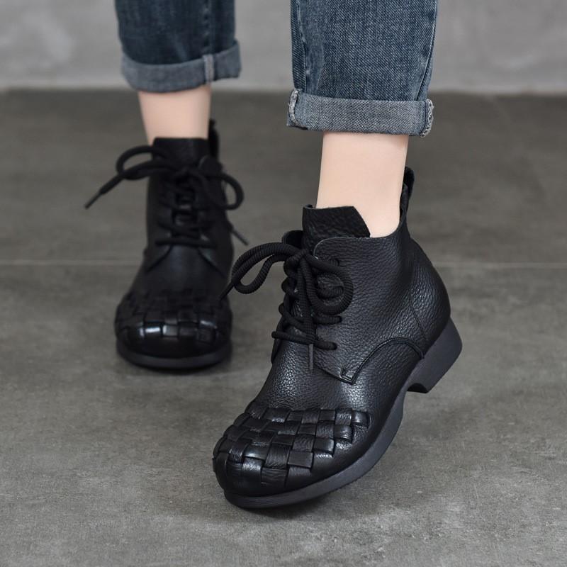 Johnature Stivali da donna in vera pelle intrecciata a mano retrò Stivali corti in vera pelle con lacci e punta tonda