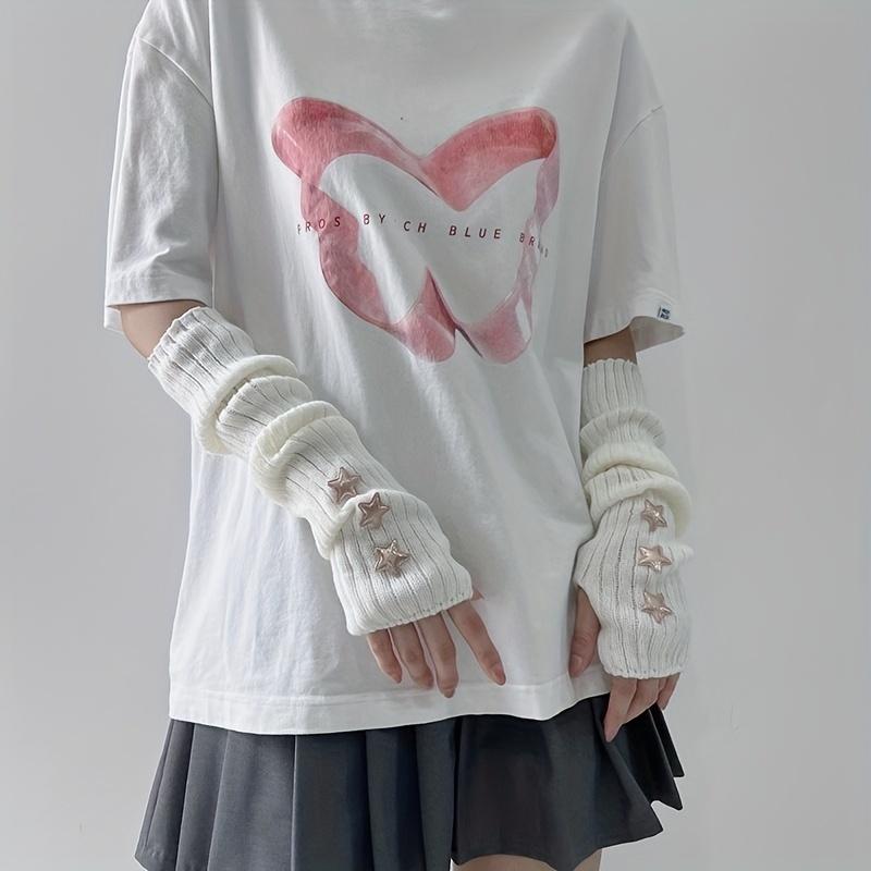 1 pair of ladies' fingerless gloves with star decoration white/black/pink machine washable fashionable accessory gloves