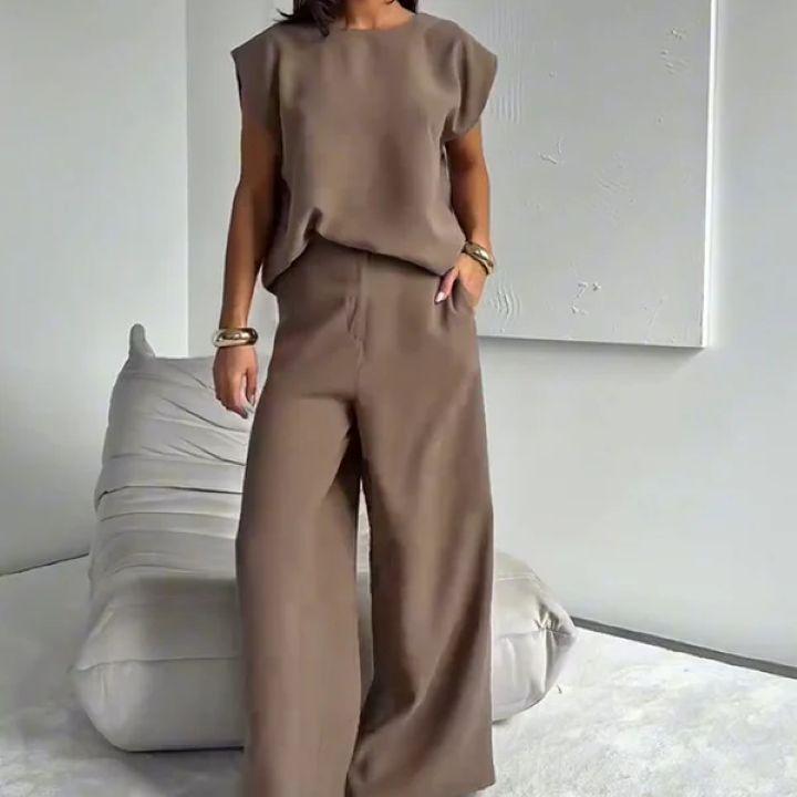 2025 European & American Autumn/Winter Women's Sleeveless Solid Casual T-Shirt and Wide-Leg Pants Set