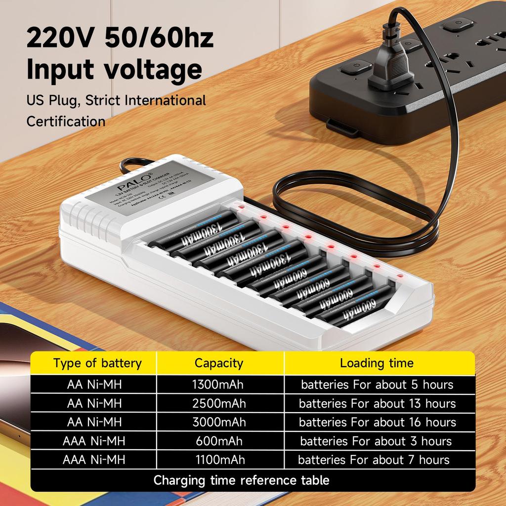 PALO 1.2V AA Ni-MH Battery 1300mah +AAA Rechargeable Batteries 600mah for Toy alarm clock with 8 slots Smart 2A 3A Battery Charger