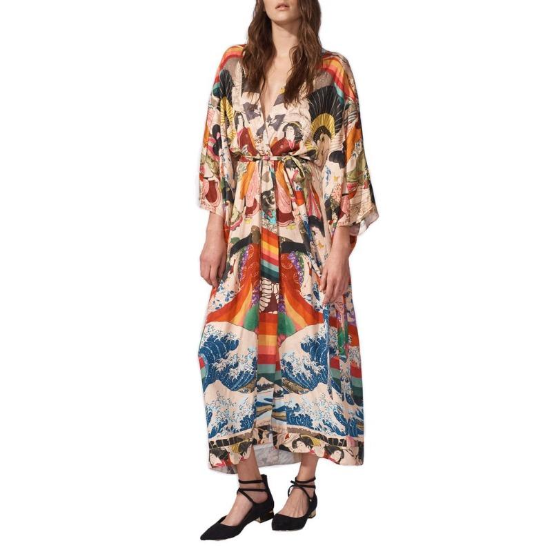 

Женская мода лето весна цвет блок принт рукава 3/4 V-образный вырез свободная талия повседневные платья Size: One Size