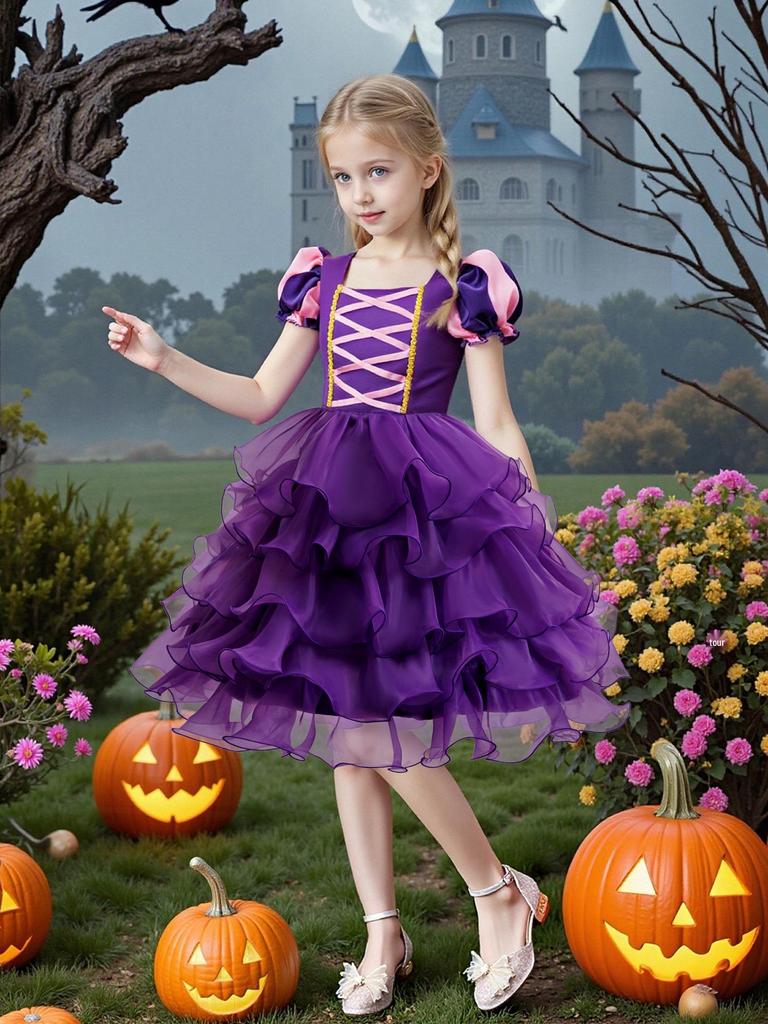 New Girls' Halloween Puff Sleeve Mesh Dress Costume