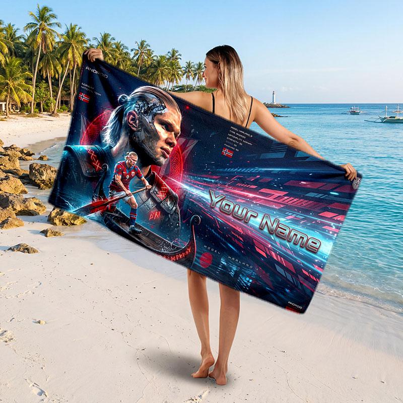 Asciugamano da Spiaggia Personalizzato Erling Haaland, Stampa Testo Nome Personalizzato, Asciugamano Morbido ad Asciugatura Rapida con Logo Calcio, Regalo per le Vacanze