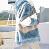 Jaqueta Feminina da Moda em Pelúcia Patchwork com Bolso com Zíper, Capuz e Manga Comprida Solta e Quente