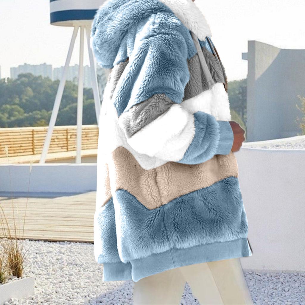 Jaqueta Feminina da Moda em Pelúcia Patchwork com Bolso com Zíper, Capuz e Manga Comprida Solta e Quente