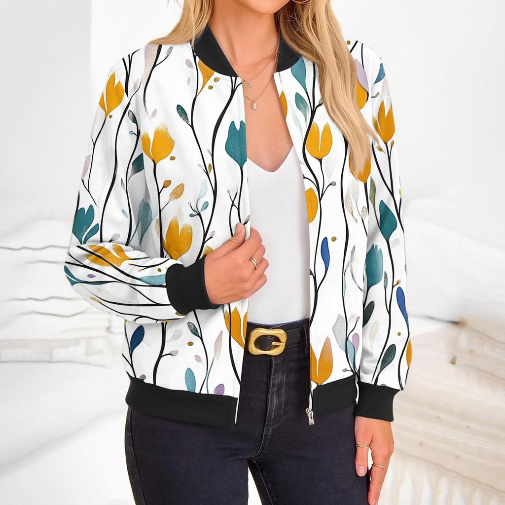 Women's Fashion Long Sleeve Floral Print Round Neck Zip Jacket