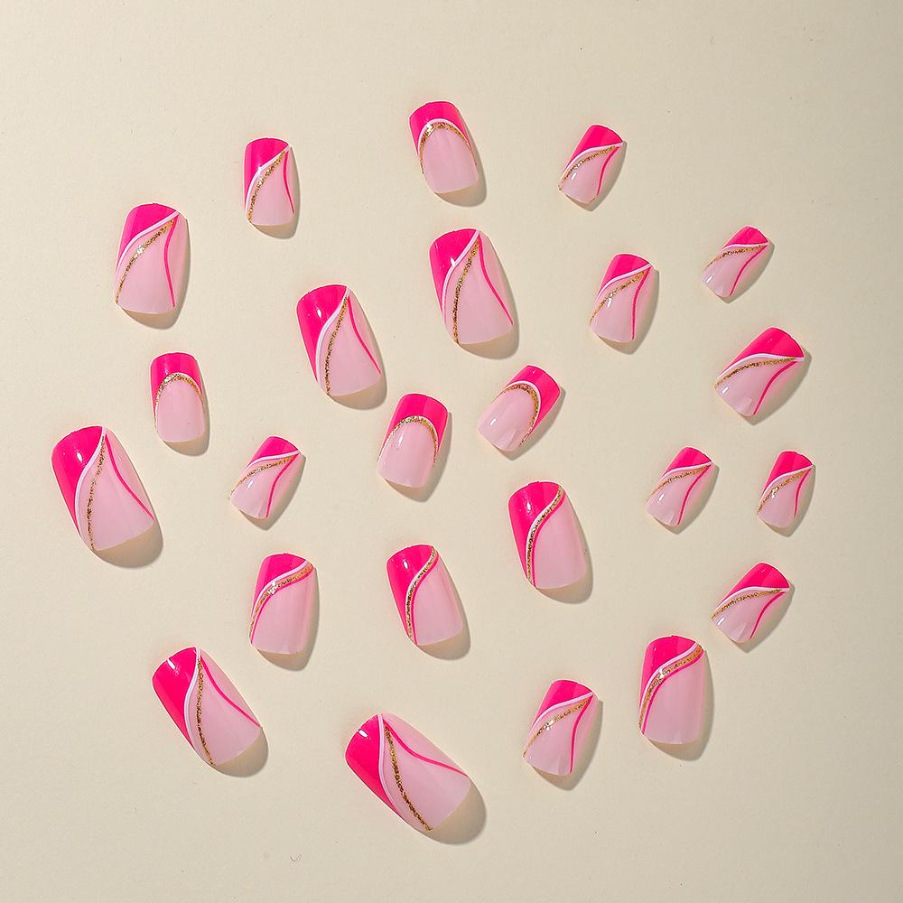 Rose Red Glitter French Edge Short Square Nail Art Patches