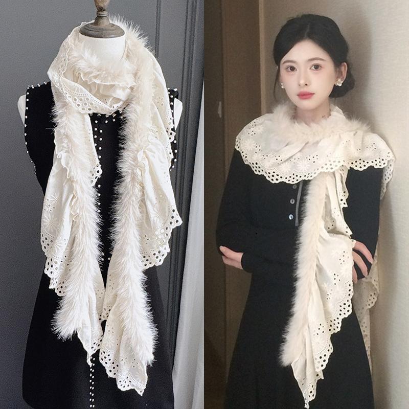Sweet Korean Style Y2K Scarf Women Winter Soft Warm Scarf Harajuku Lace Patchwork Plush Scarf