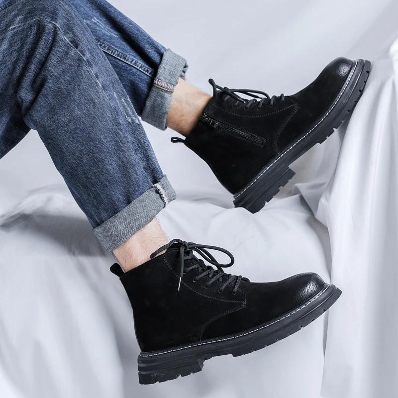 2024 Autumn and Winter Top Layer Cowhide High Top Boots Men's Boots English Style Short Boots Genuine Leather Plush Yellow Boots