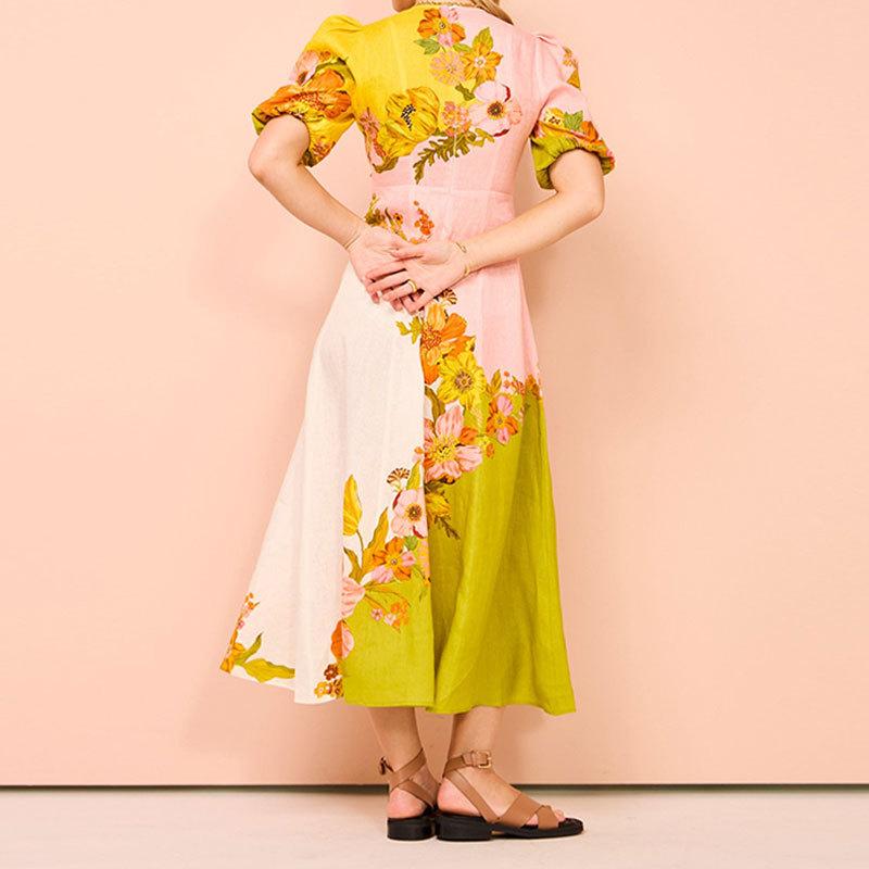 Women's Spring New Style Ethnic Style Printed Fashionable Puff Sleeve Slim Fit Dress