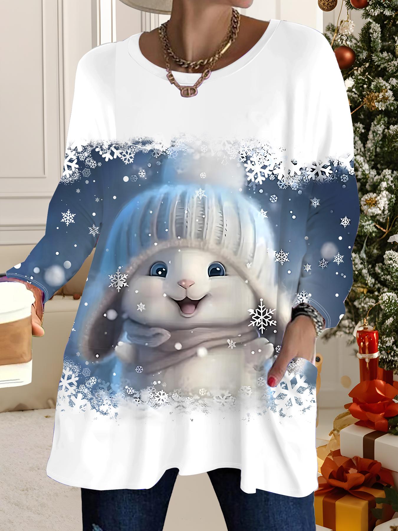 

Осень-Зима 2025 Новые Женские Топы Большого Размера, Модные Футболки с 3D-принтом на Рождество, с Круглым Вырезом и Длинным Рукавом 6XL белый
