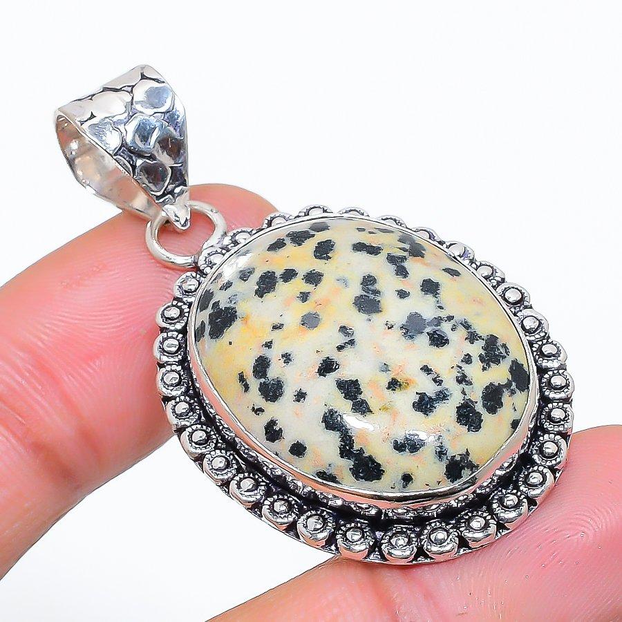 Dalmation Jasper Gemstone 925 Sterling Silver Jewelry Pendant 1.85" SU-10786