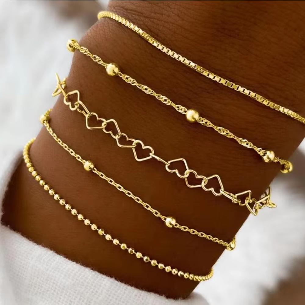 5 Pcs Set Silver Color Chain Bead Bracelets for Women Simple Elegant Vacation Beach Party Casual Jewelry Versatile Daily Wear